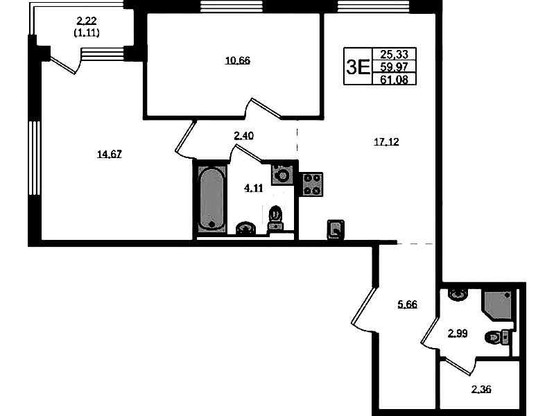 2-комнатная квартира 61.08 м², 3/12 эт., ЖК «GloraX Новоселье»